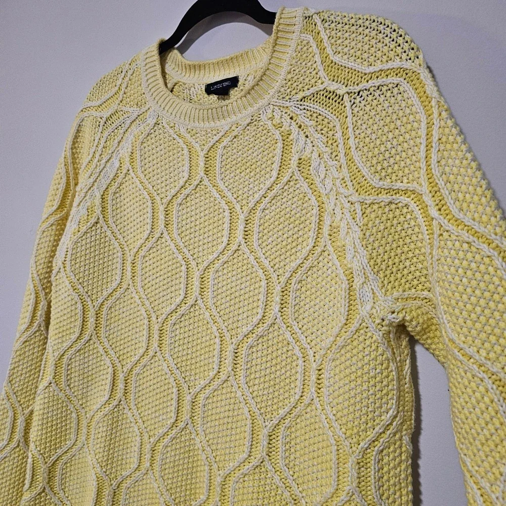 Lands End Sweater Women L Yellow White Honeycomb Chunky Cable Knit Cotton Preppy